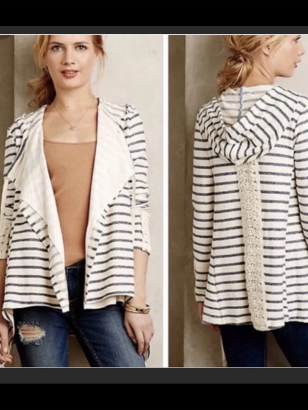 🪻Anthropologie Saturday Sunday Hooded Cardigan Lace Trim Stripes XS Navy Cream